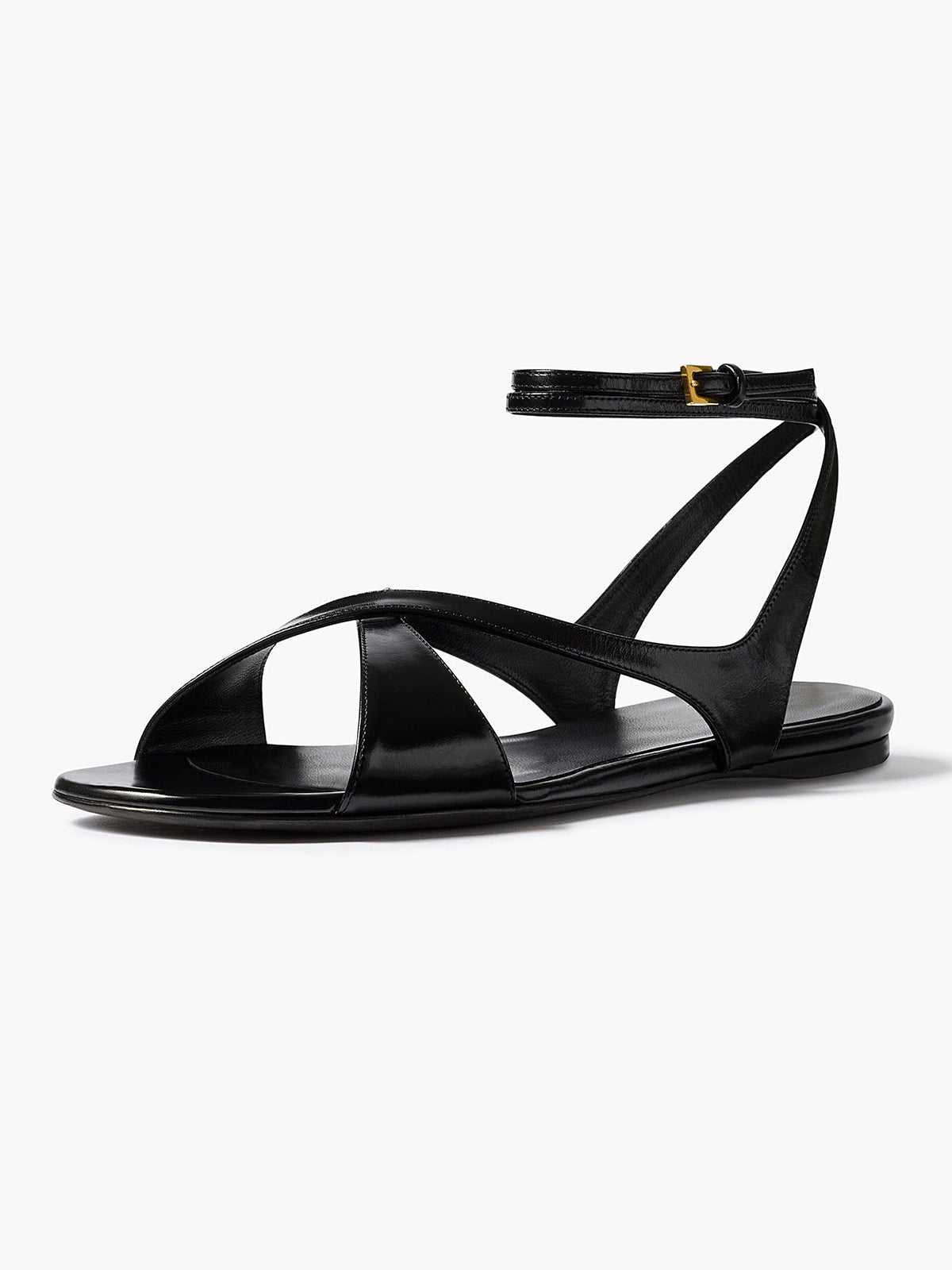 Black Square-Toe Crossed Straps Back And Ankle Strap Flats