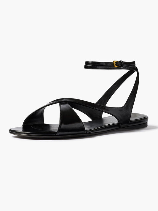 Black Square-Toe Crossed Straps Back And Ankle Strap Flats