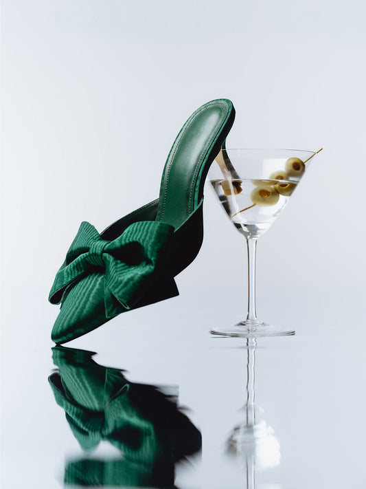 Green Satin Pointed-Toe Big Front Bow High Heels
