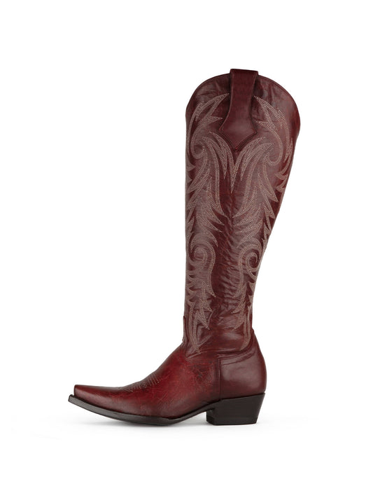 Dark Red Snip-Toe Classic Embroidery Western Half-Zip Knee High Cowgirl Boots