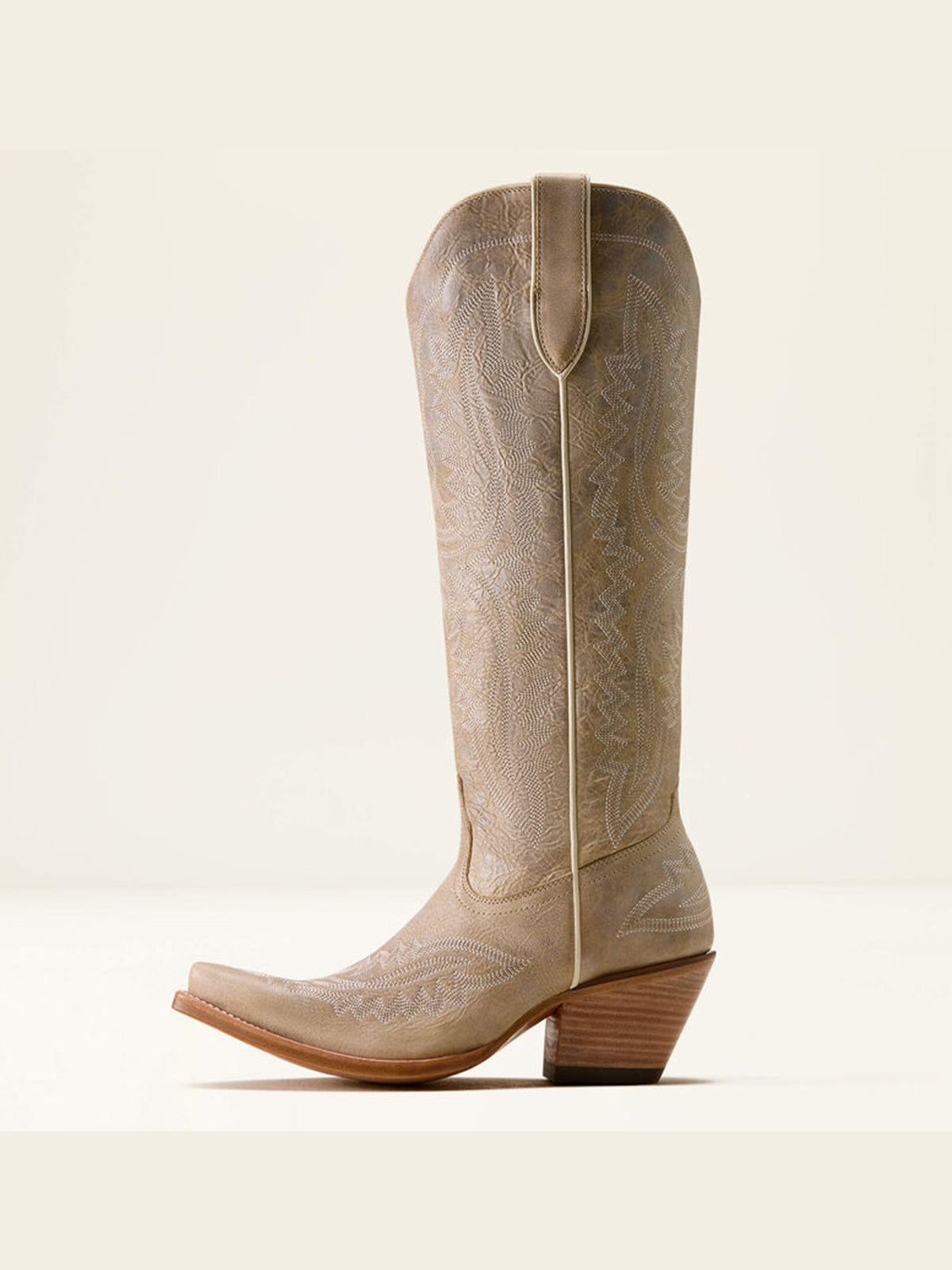 Western Embroidery Tall Snip-Toe Half-Zip Knee High Cowgirl Boots - Distressed Bone