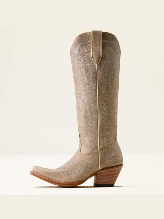 Western Embroidery Tall Snip-Toe Half-Zip Knee High Cowgirl Boots - Distressed Bone