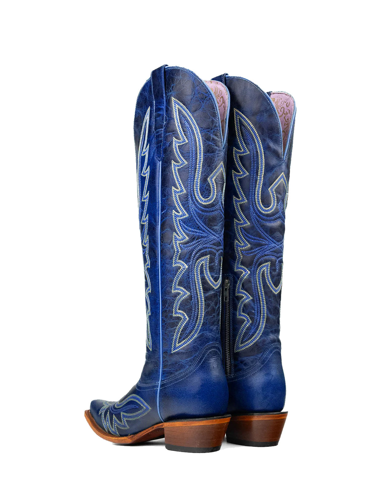 Distressed Blue Snip-Toe Embroidery Knee High Tall Half-Zip Cowgirl Boots