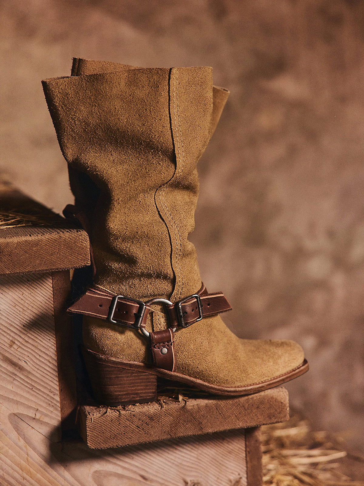 Beige Faux Suede Square-Toe Western Mid Calf Cowgirl Boots