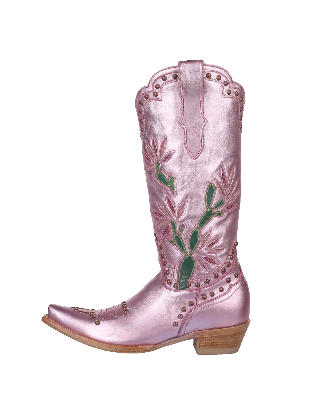Metallic Pink Snip-Toe Cactus Inlay Studded Full-Zip Knee High Cowgirl Boots