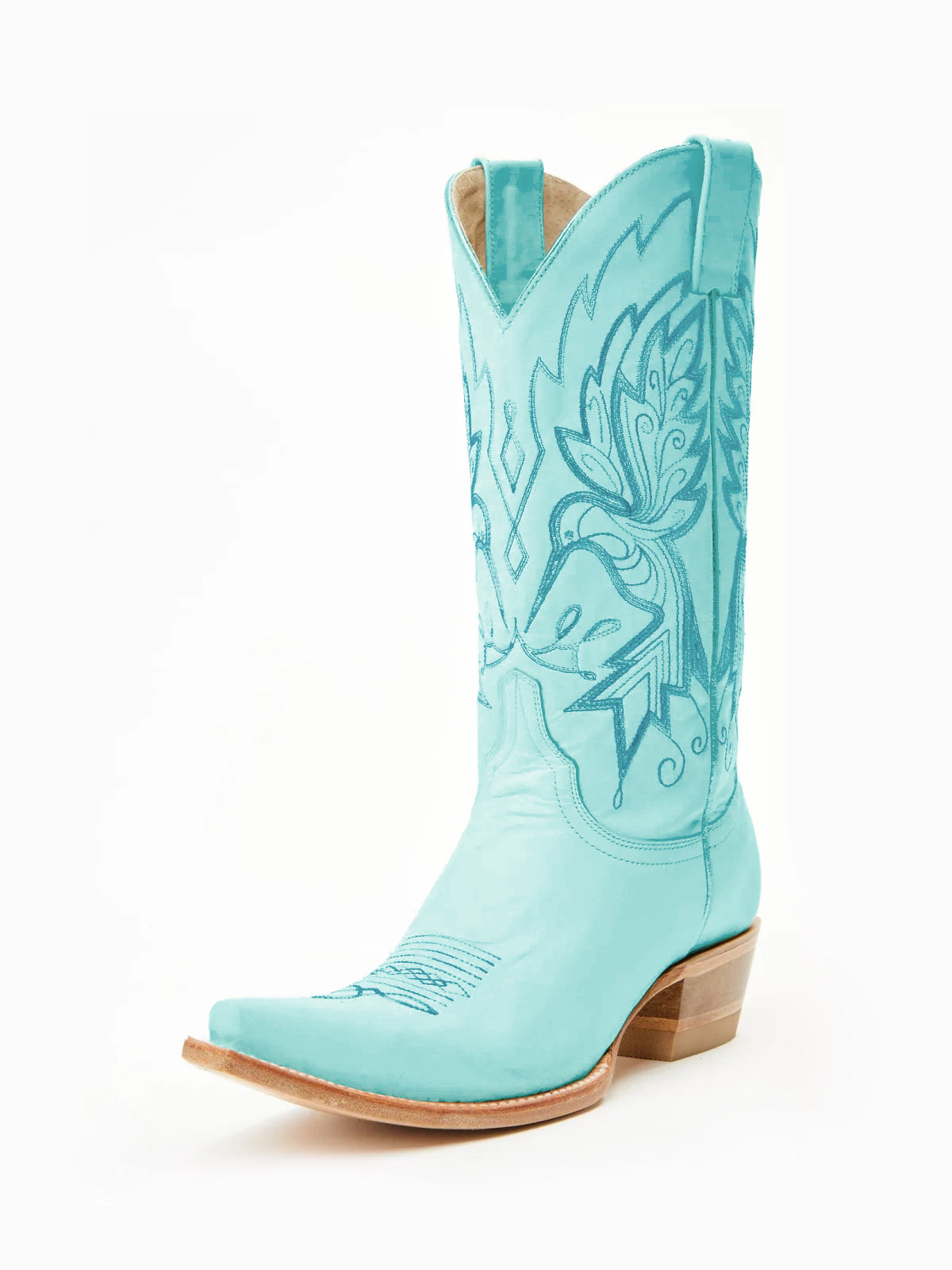 Turquoise Snip-Toe Vivid Bird Embroidery Mid Calf Cowgirl Boots