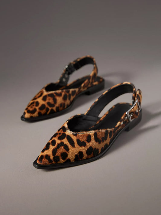 Leopard Pointed-Toe Buckle Slingback Flats