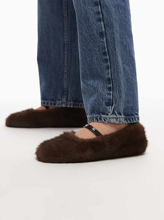 Dark Brown Plush Round-Toe Patent Bridge Strap Ballet Flats