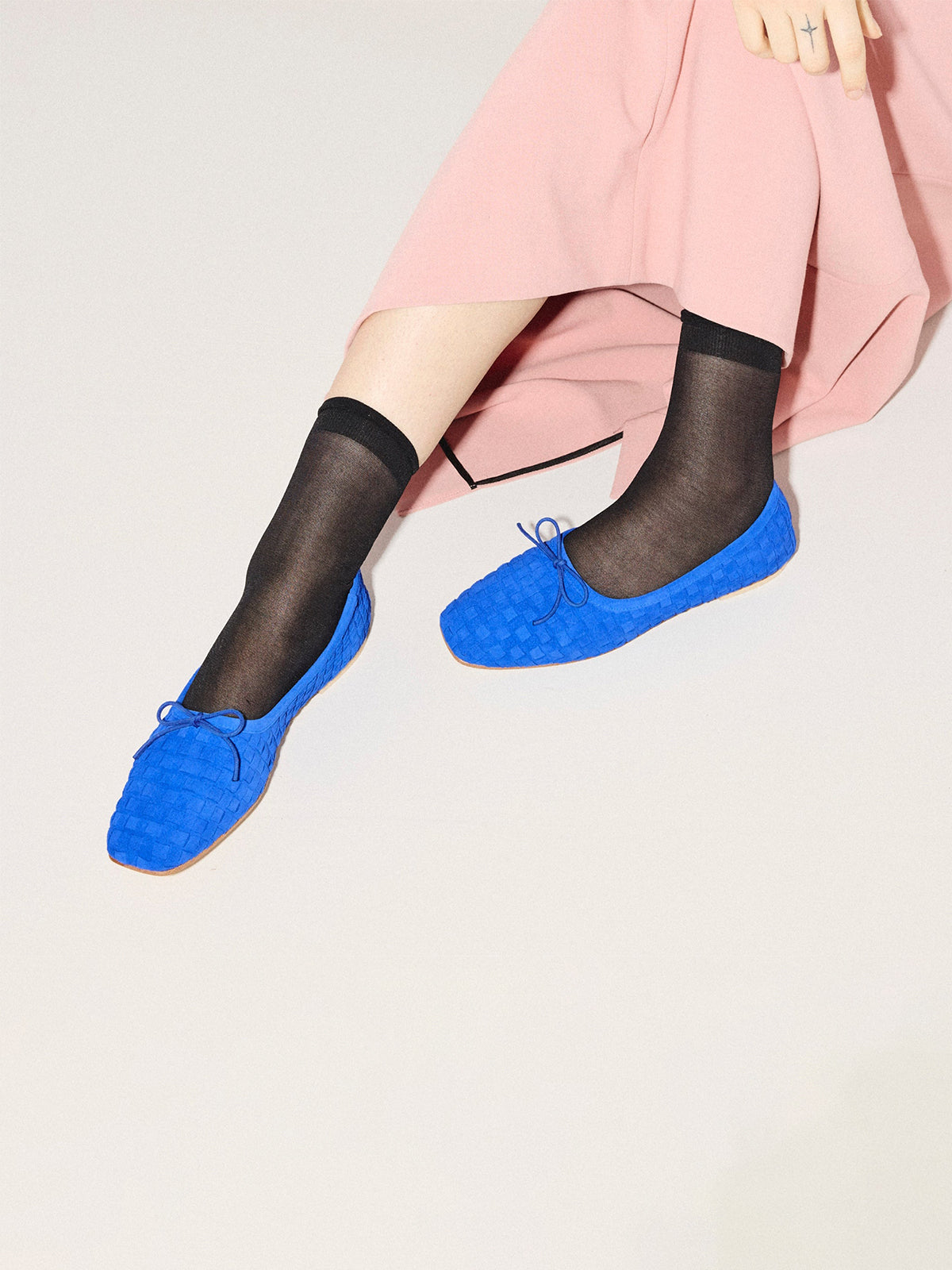 Dark Blue Faux Suede Woven Square-Toe Front Bow Ballet Flats