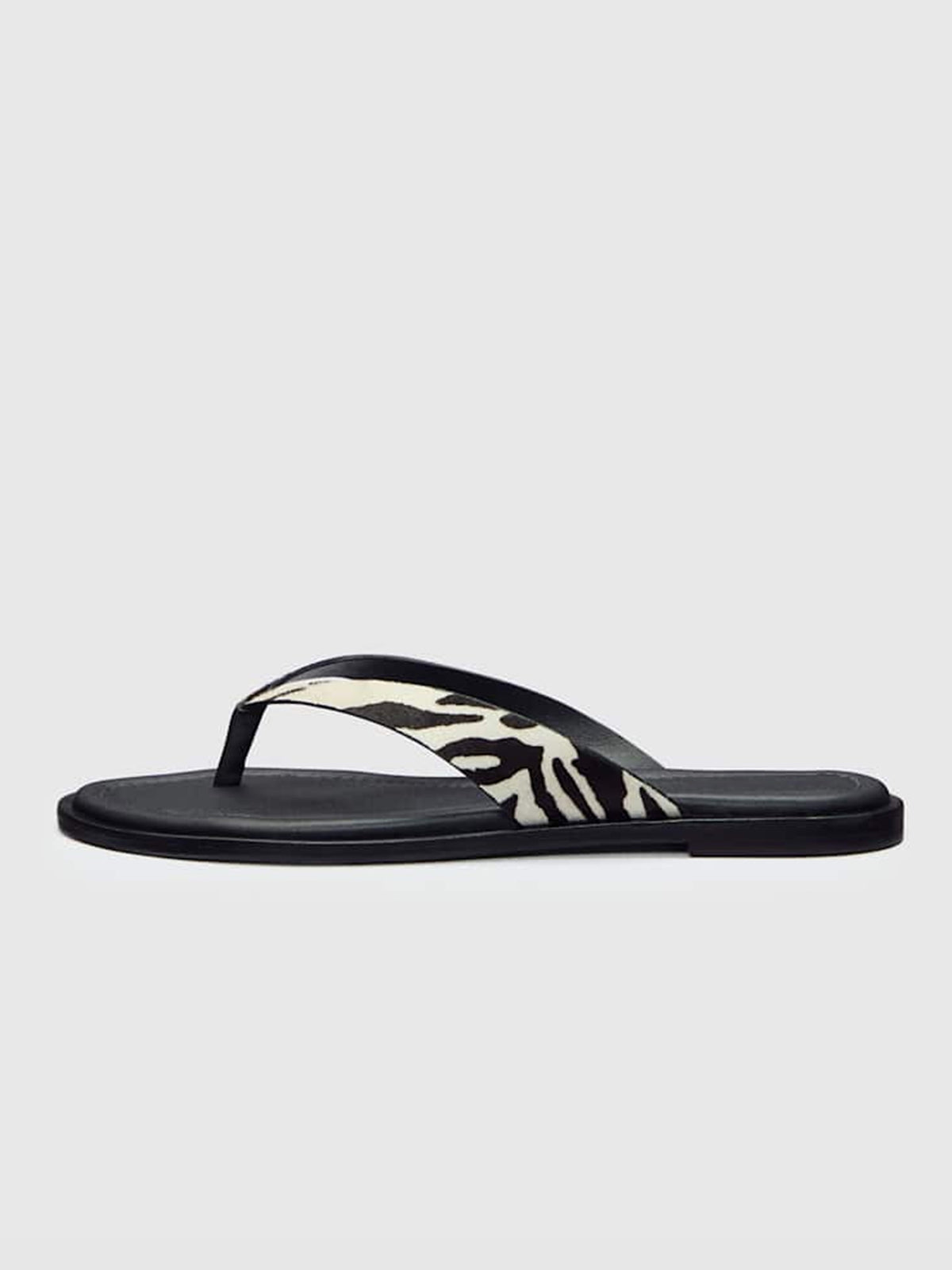 Classic Zebra Pattern Pony Hair Vegan Leather Round-Toe Flip-Flop Slip-On Flats Sandals