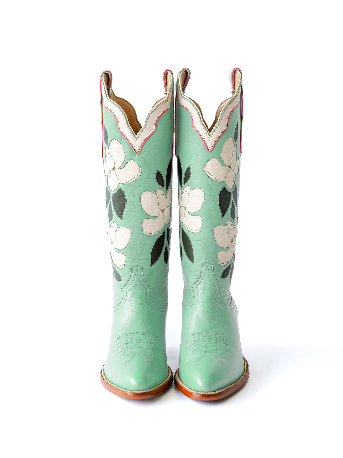 Mint Green Almond-Toe White Flower Inlay Wide Calf Knee High Cowgirl Boots