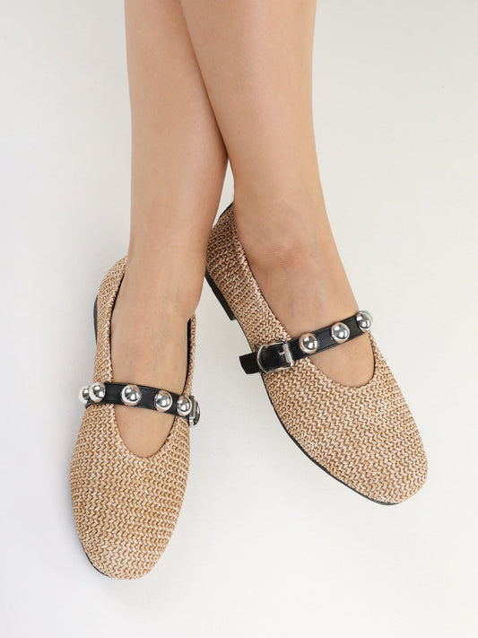 Nude Grass Woven Square-Toe Bridge Strap With Studs Ballet Flats