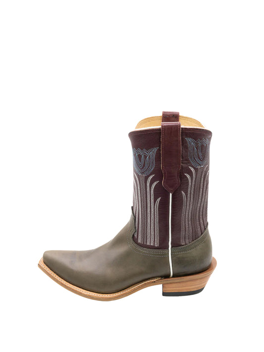 Contrast Khaki And Chocolate Snip-Toe Tulip Embroidery Ankle Cowgirl Boots