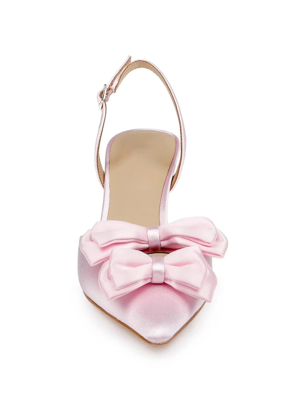 Ivory Satin Pointed-Toe Front Double Bows Slingback High Heels