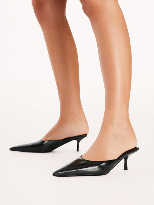 Black Pointed-Toe Simple Slip-On Kitten Heels