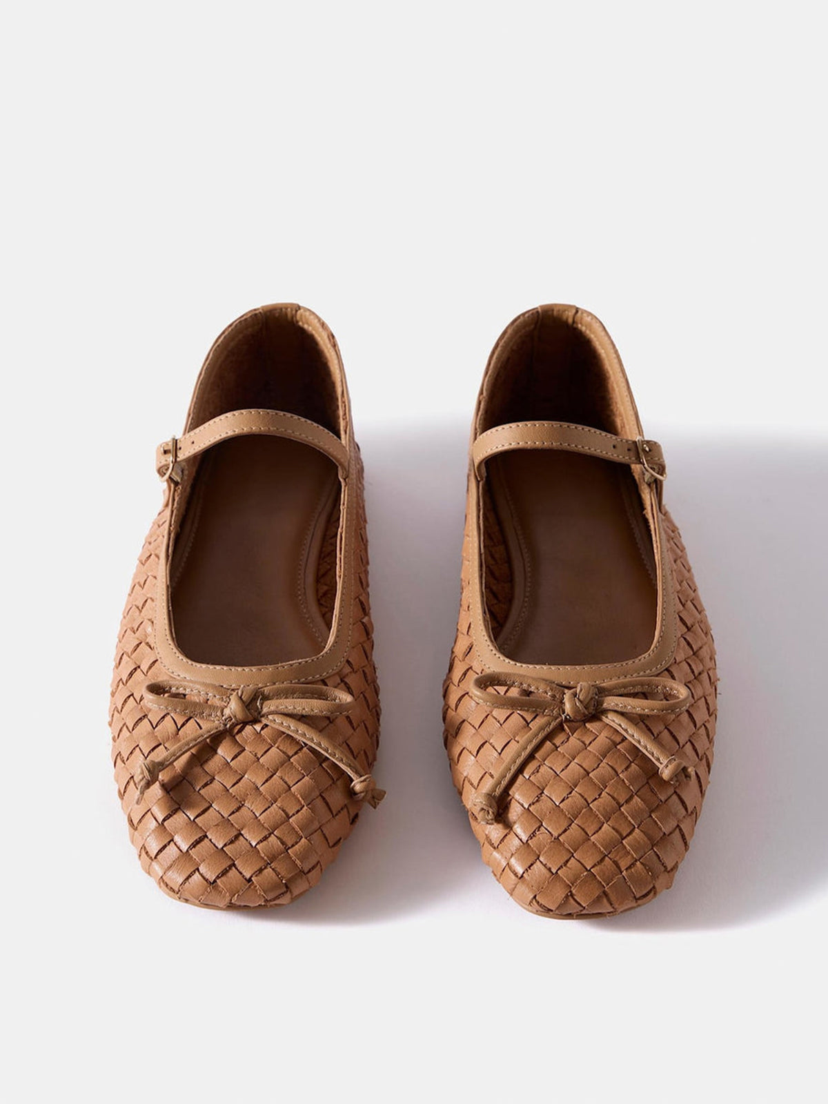 Brown Woven Vegan Leather Square-Toe Front Bow And Mary Jane Flats