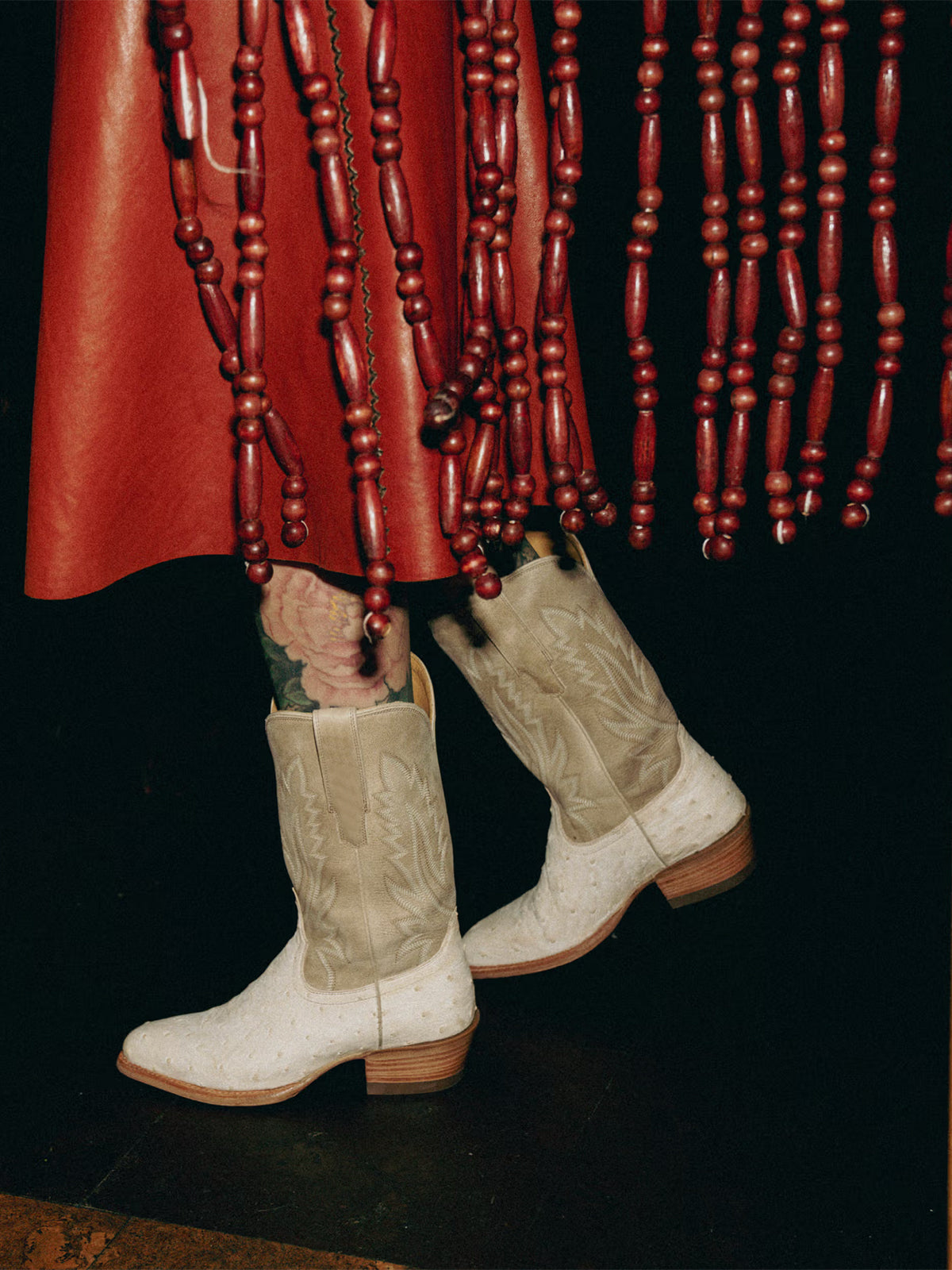 Contrast Sand And White Ostrich Print Almond-Toe Embroidery Mid Calf Cowgirl Boots