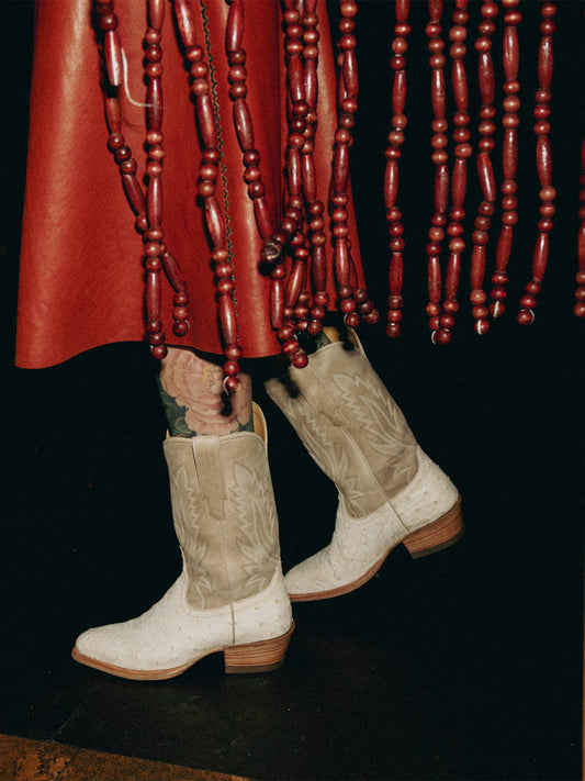 Contrast Sand And White Ostrich Print Almond-Toe Embroidery Mid Calf Cowgirl Boots