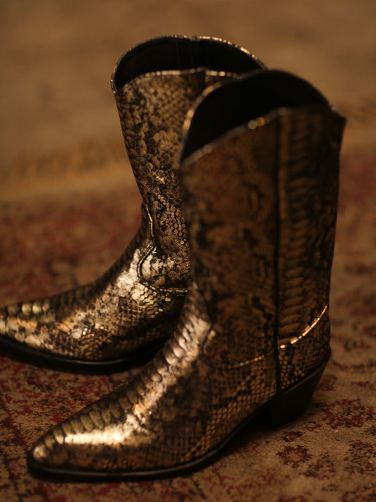Metallic Snakeskin Print Round-Toe Back Full-Zip Simple Cowgirl Boots