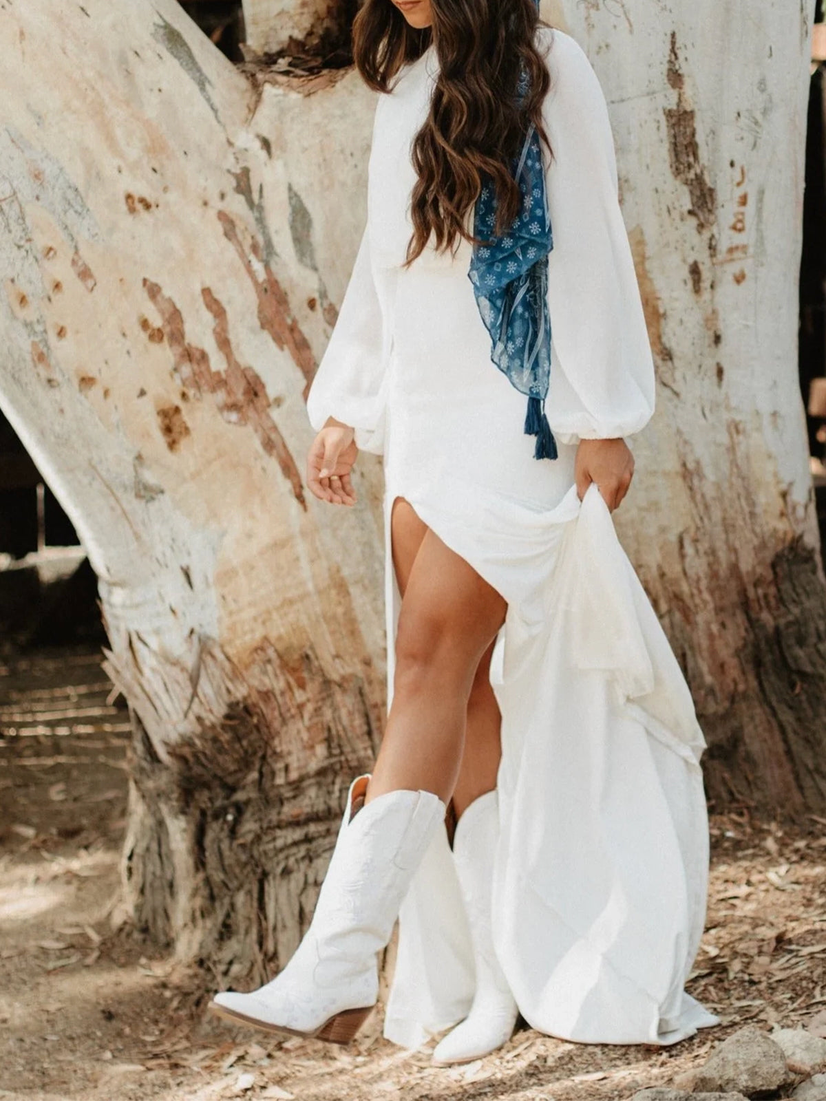 Flowers Embroidery Snip-Toe Mid Calf Cowgirl Boots - White