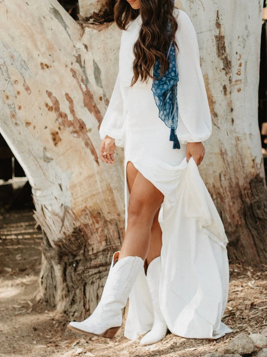 Flowers Embroidery Snip-Toe Mid Calf Cowgirl Boots - White