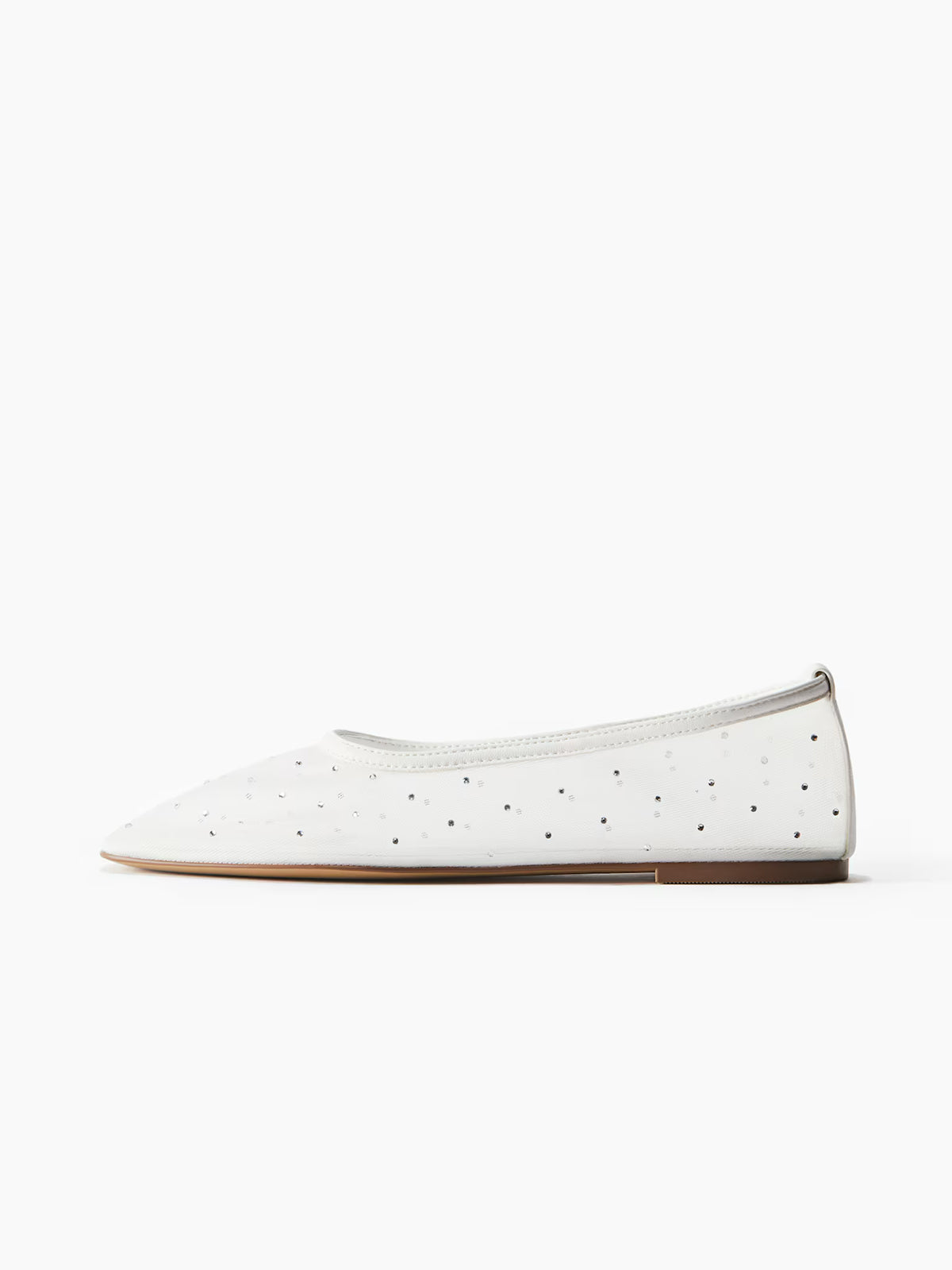 Rhinestone Mesh Square-Toe Ballet Flats - White