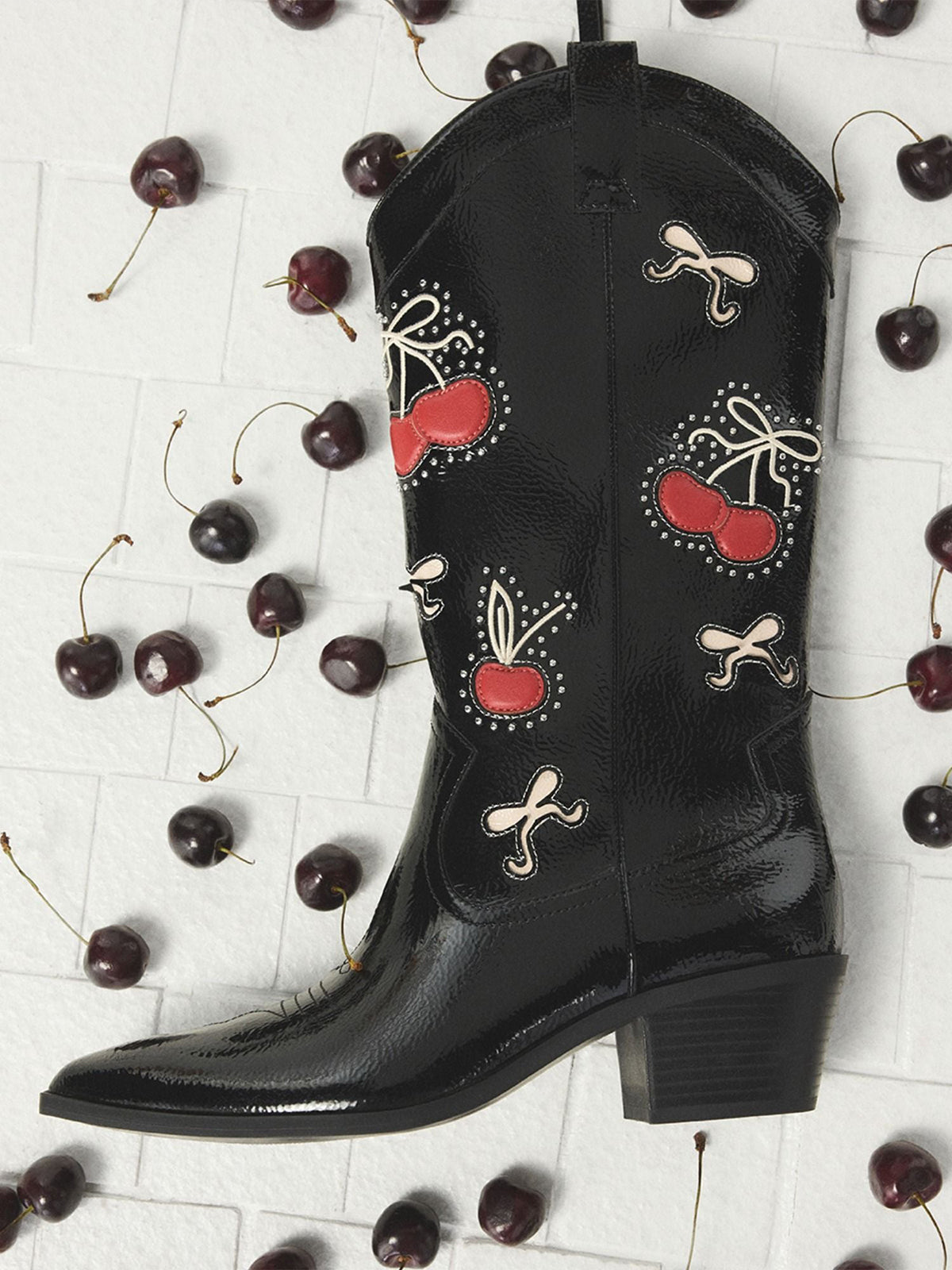 Patent Black Pointed-Toe Cherry And Bow Inlay And Studs Mid Calf Cowgirl Boots