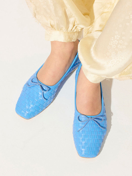 Woven Vegan Leather Square-Toe Front Bow Slip-On Ballet Flats - Blue