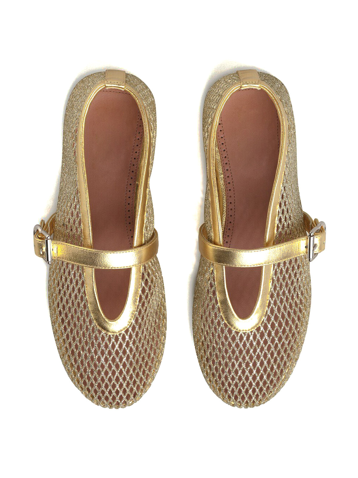 Metallic Gold Mesh And Vegan Leather Round-Toe Buckle Bridge Strap Flats