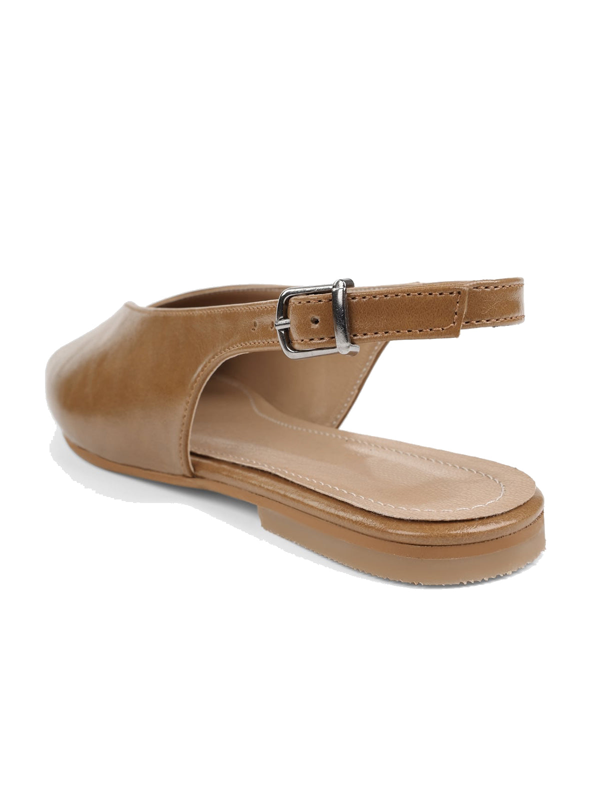 Camel Square-Toe Classic Buckle Back Strap Slip-On Flats