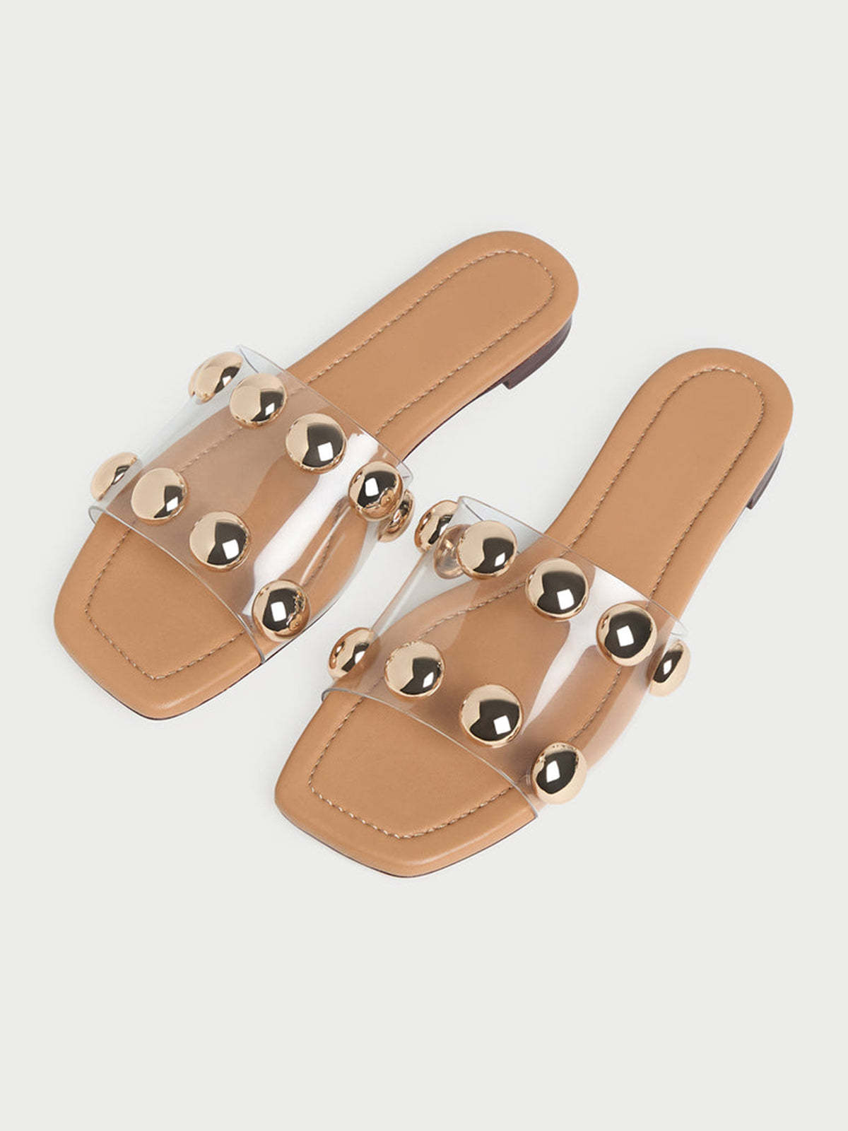TPU Transparent Film Square-Toe Big Studs Flats Chic Sandals