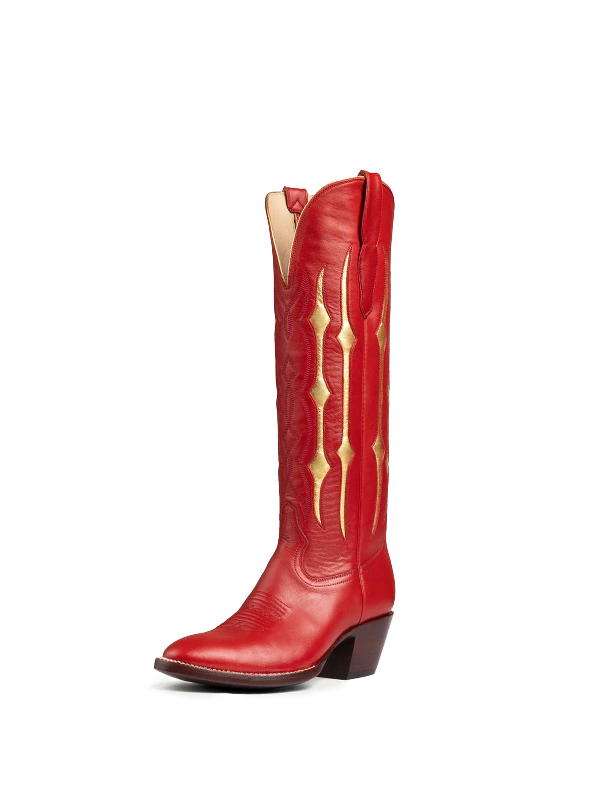 Red Contrast Metallic Gold Inlay Stitch Almond-Toe Wide Knee High Western Cowgirl Boots