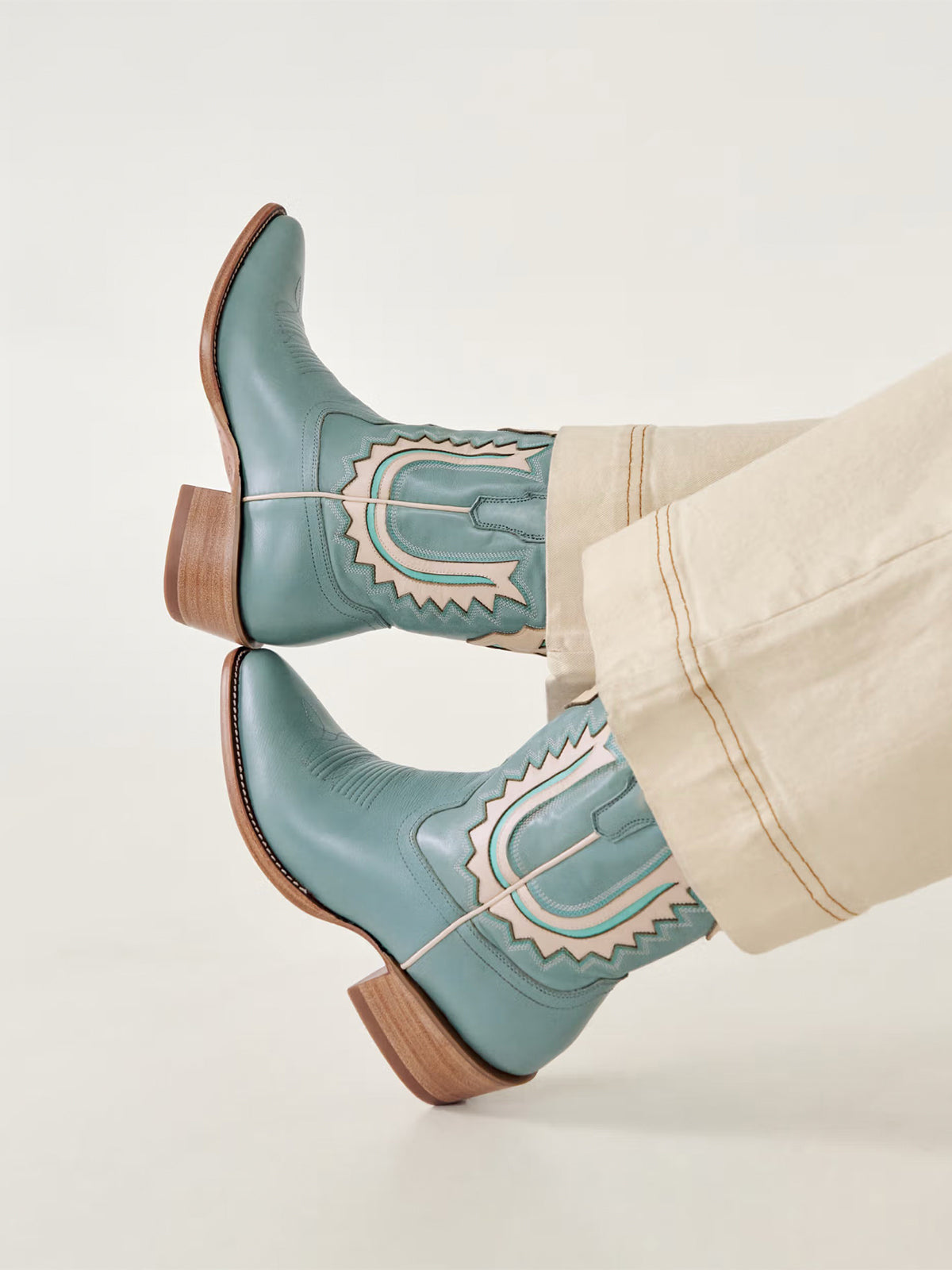 Seafoam Green Almond-Toe Bone Horseshoe Inlay Ankle Booties