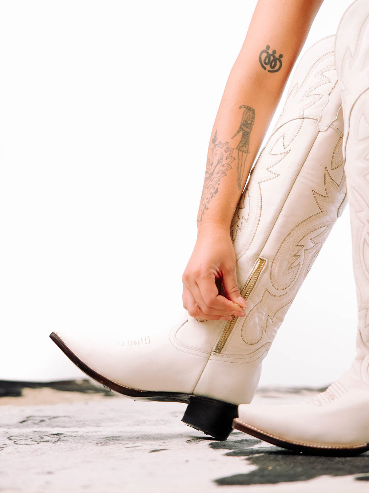 Bone Snip-Toe Half-Zip Embroidery Tall Over-The-Knee Cowgirl Boots