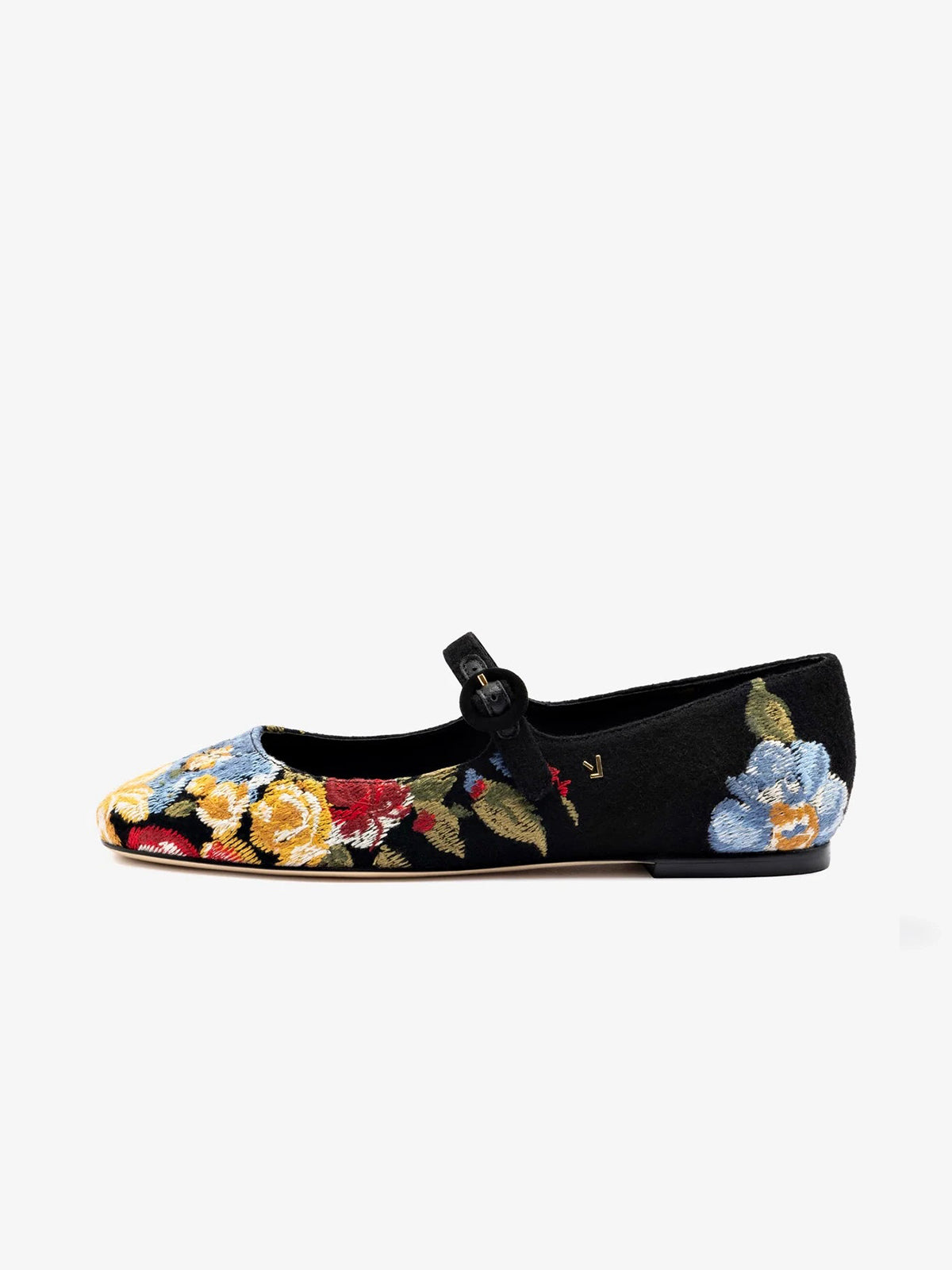 Black Faux Suede Round-Toe Colorful Floral Embroidery Bridge Strap Flats