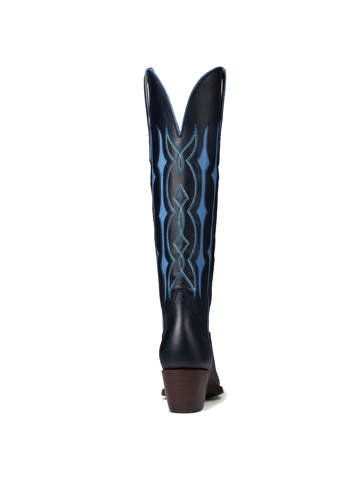 Black Contrast Blue Inlay Stitch Almond-Toe Wide Knee High Western Cowgirl Boots
