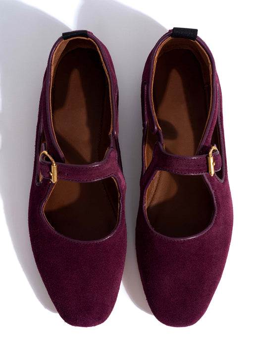 Square-Toe Buckle Strap Chic Flats - Coffee Faux Suede