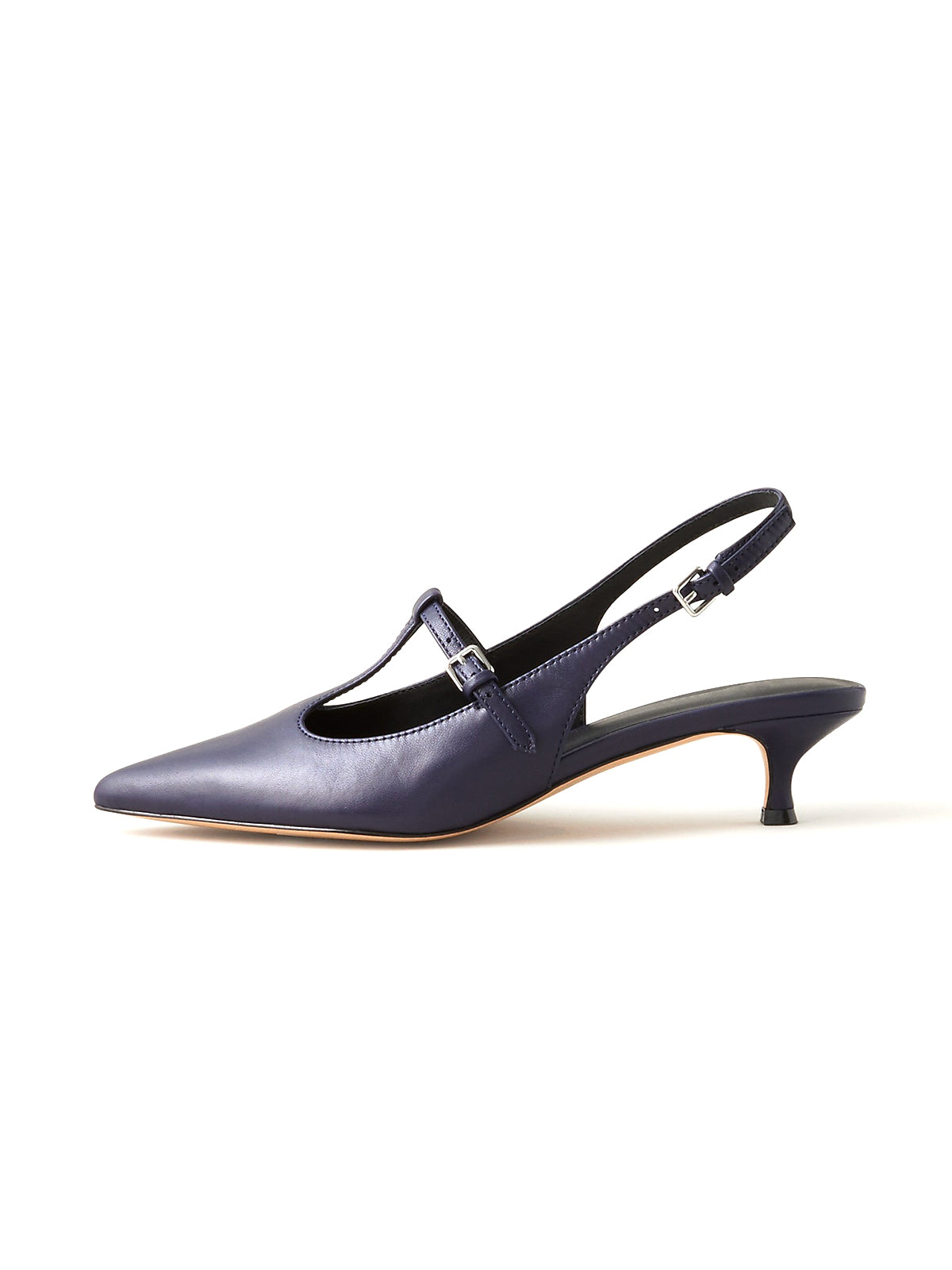 Dark Blue Pointed-Toe Mary Jane And Back Strap Kitten Heels