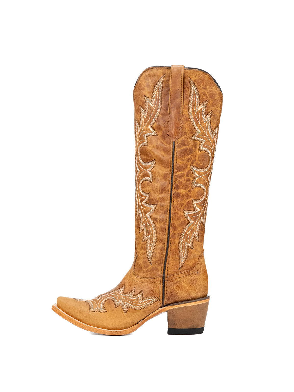Distressed Tan Snip-Toe Half-Zip Classic Embroidery Knee High Tall Cowgirl Boots