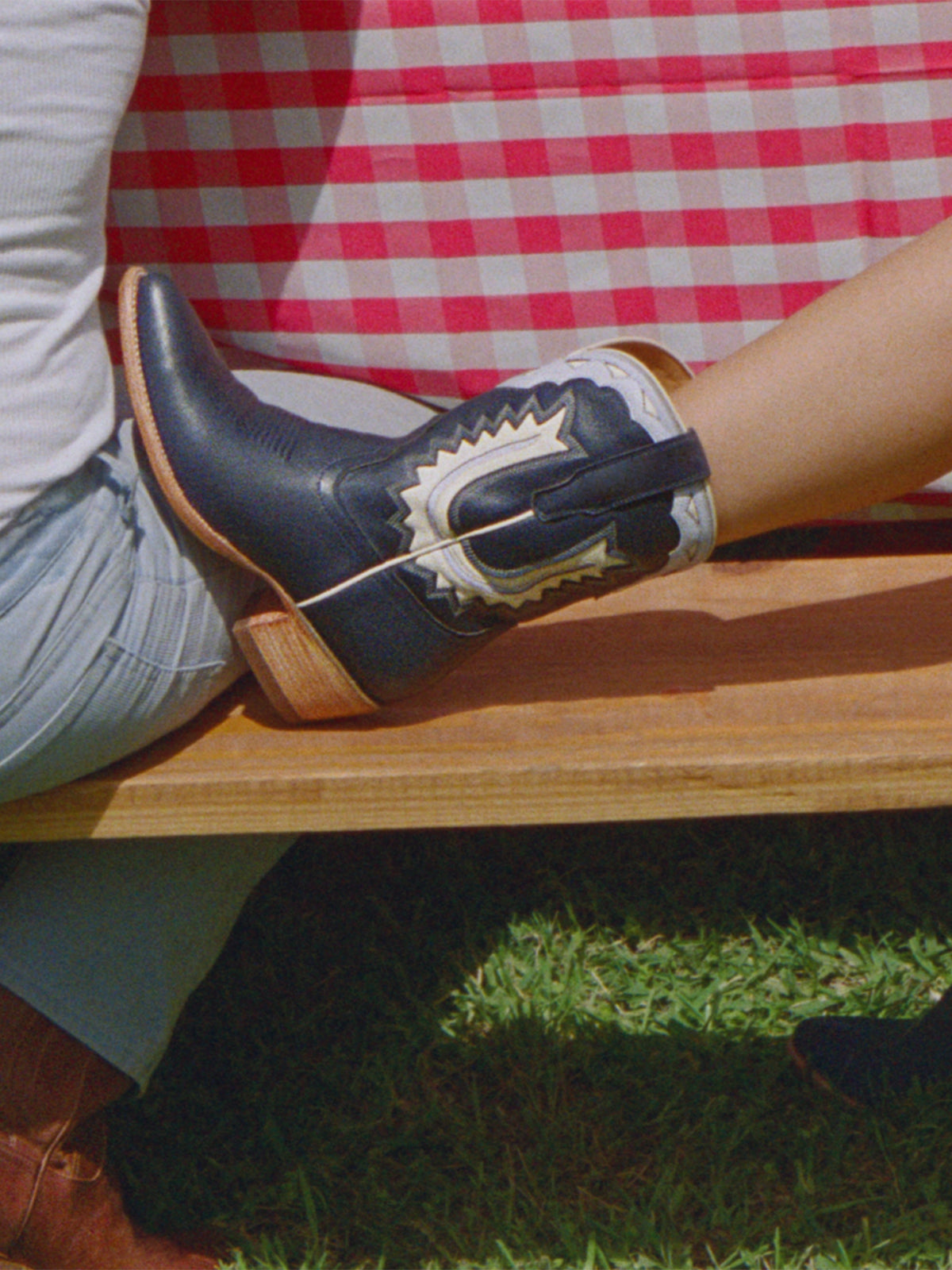 Navy And Blue Almond-Toe Horseshoe Inlay Ankle Cowgirl Boots