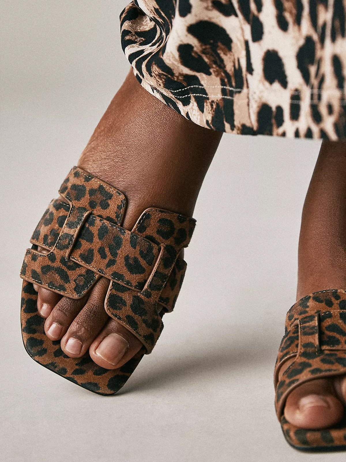 Brown Leopard Square-Toe Slip-On Sandals