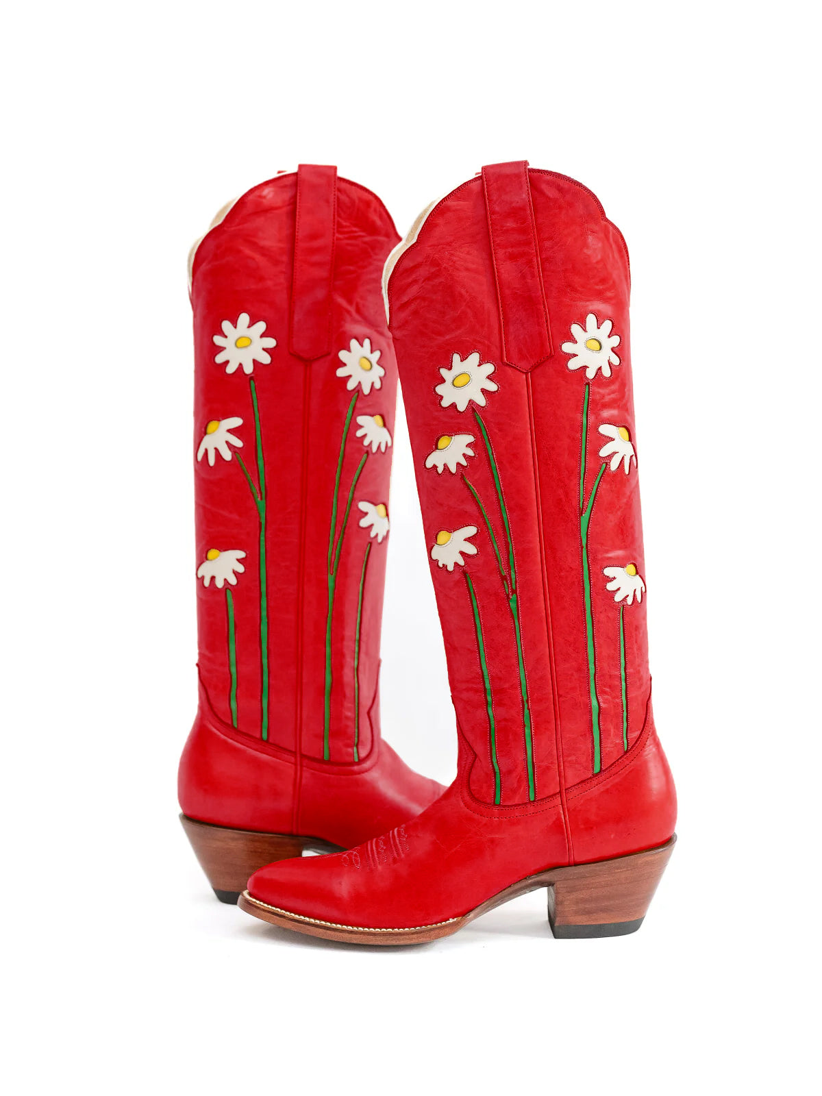 Red Almond-Toe Wide Calf Western Boots Knee High Tall Boots With Floral Inlay