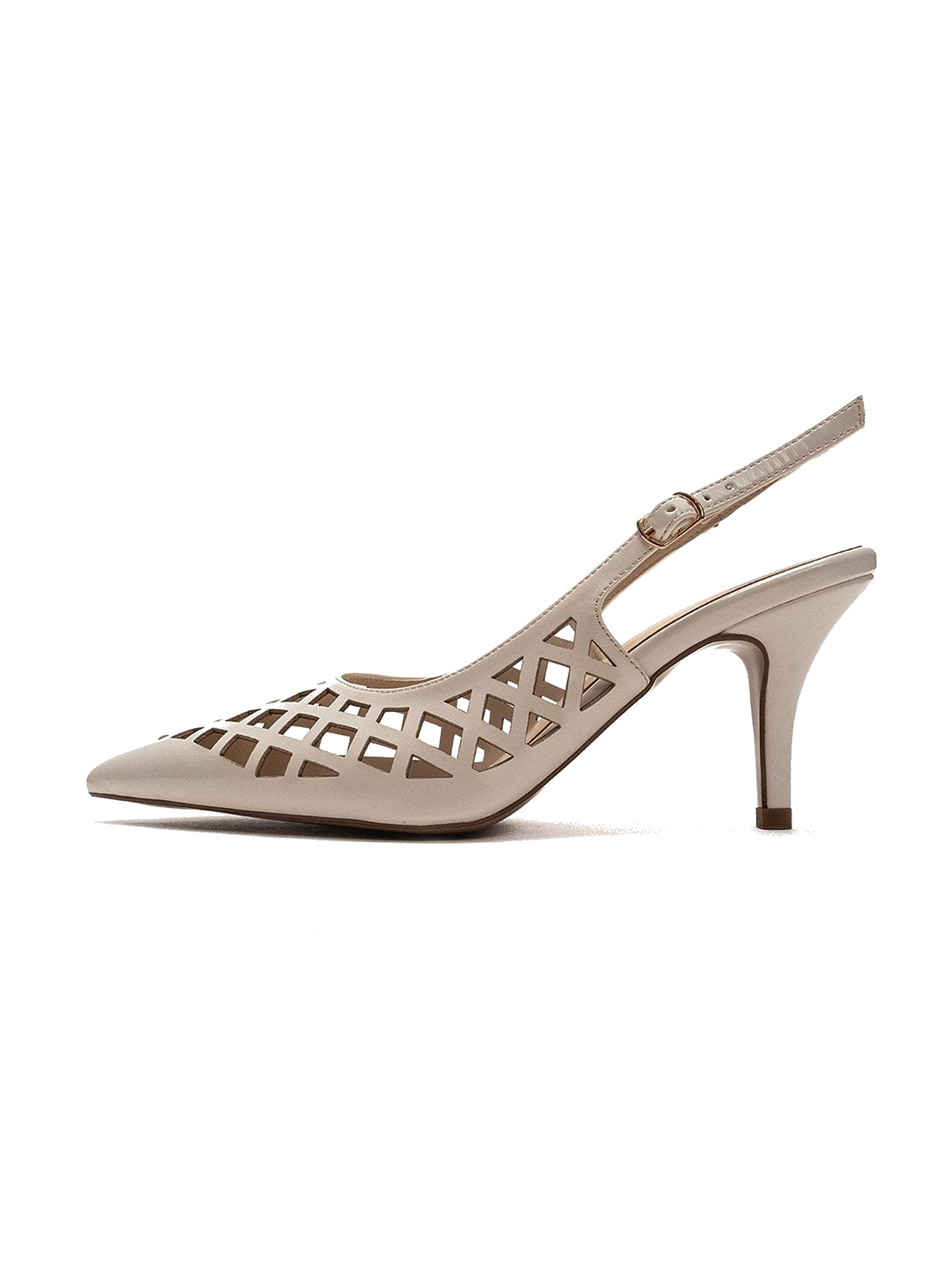 Beige Pointed-Toe Cutout Chic Buckle Back Strap Kitten Heels