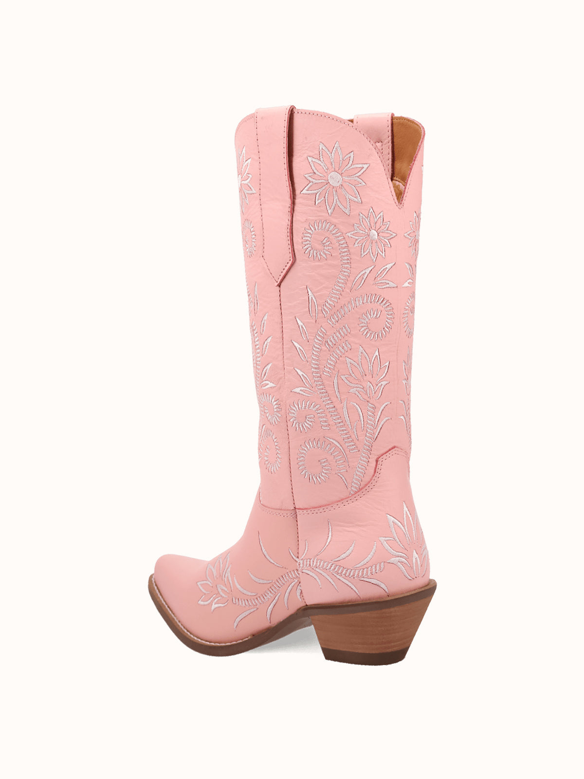Pink Snip-Toe White Flowers Embroidery Chic Mid Calf Cowgirl Boots
