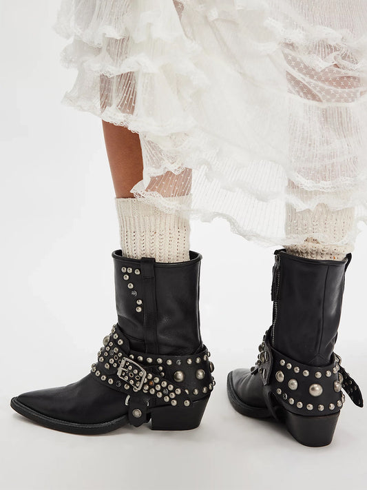 Black Pointed-Toe Studded Buckle Strap Full-Zip Ankle Cowgirl Boots