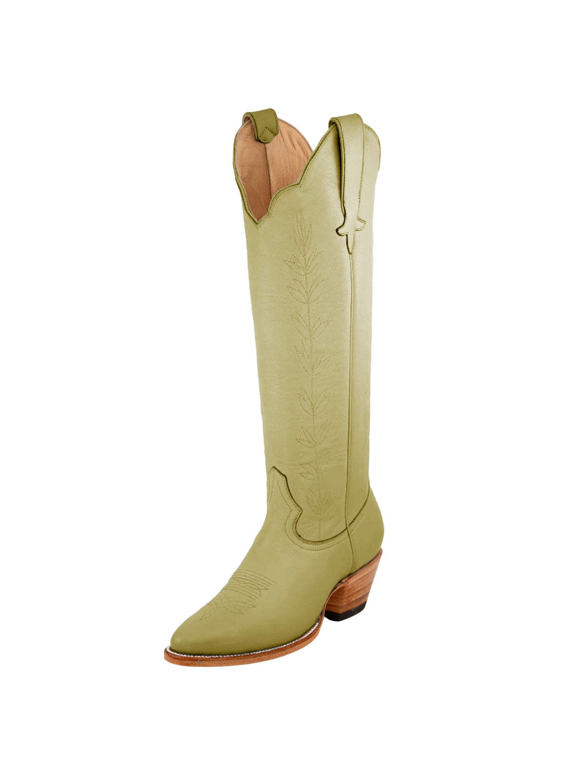Almond-Toe Leaves Embroidery Wide Calf Knee High Cowgirl Boots - Olive Green