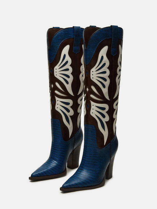 Contrast Blue Lizard And Black Pointed-Toe Wings Applique Knee High Cowgirl Boots