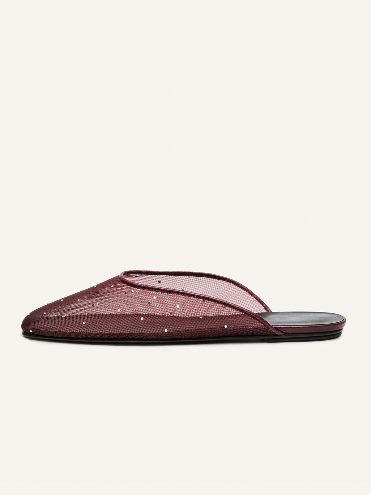 Burgundy Square-Toe Crystal Mesh Flats