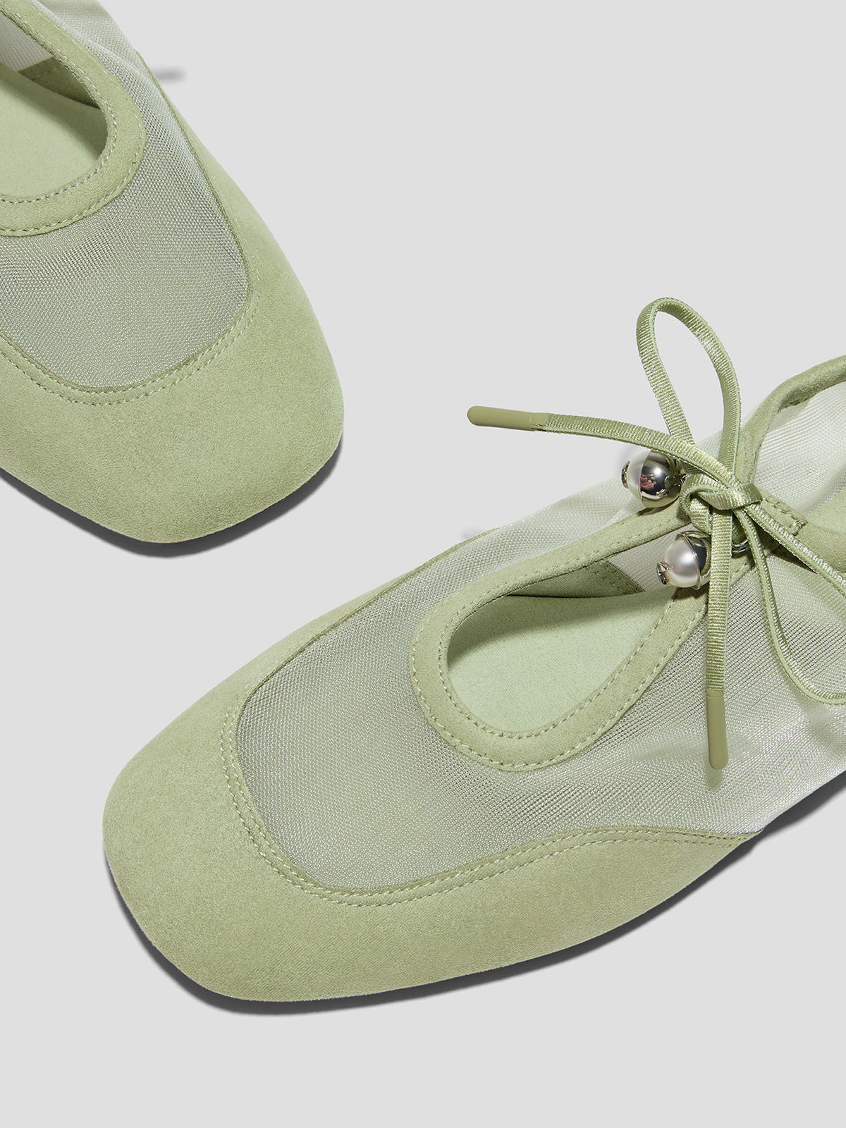 Matcha Green Mesh And Faux Suede Square-Toe Floral Embroidery Bridge Bow Strap Flats