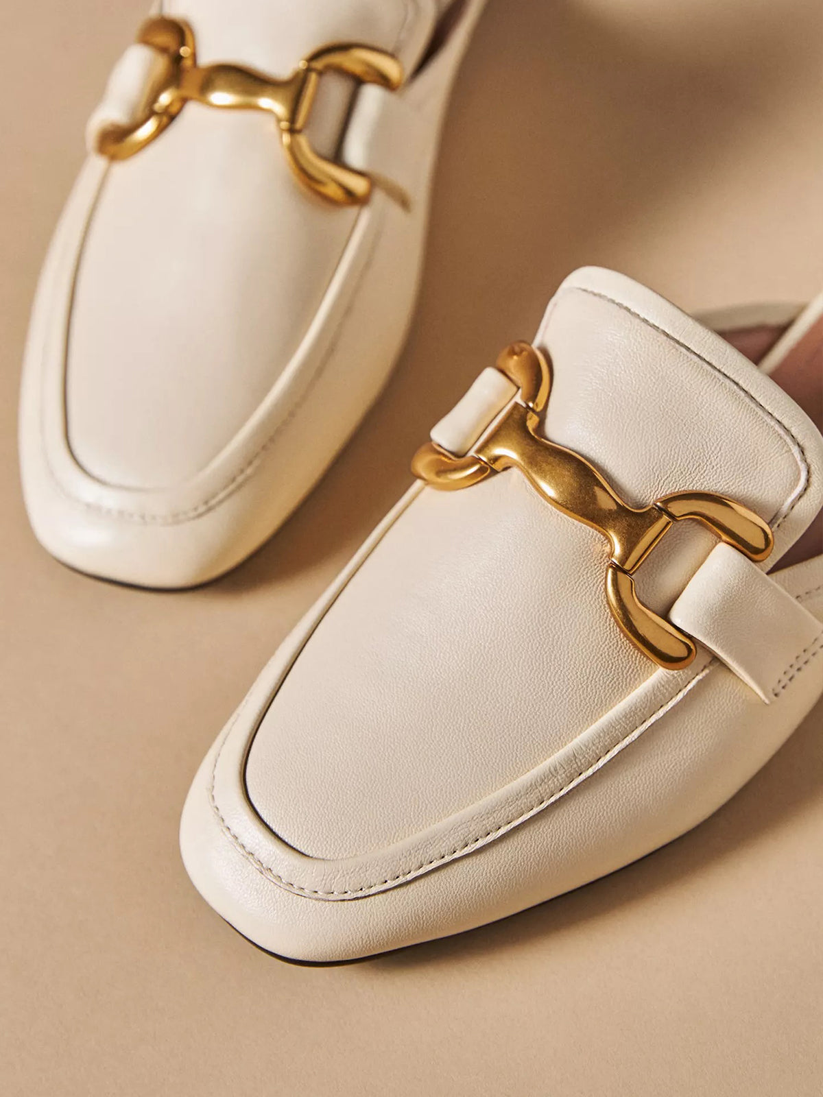 Bone Square-Toe Slip-On Front Metal Detail Flats Loafers